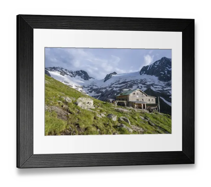 Framed Print : Mountain landscape with mountain hut Greizer Huette in the evening light