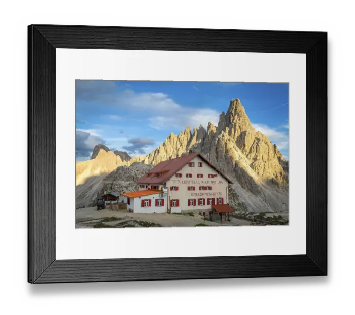 Framed Print : Mountain hut Dreizinnenhuette with Paternkofel rock massif