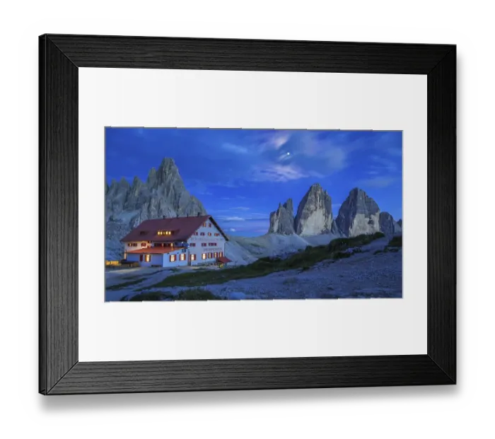Framed Print : Mountain hut Dreizinnenhuette with rock massif Paternkofel and mountains three peaks at night