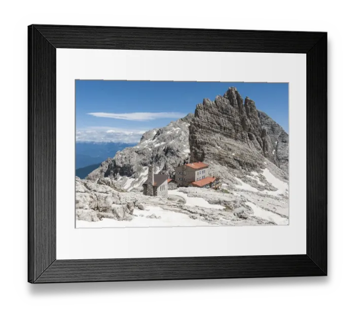 Framed Print : Alpine refuge Rifugio Pedrotti and chapel with rock Croz del Rifugio (2568 m) Framed Print : Alpine refuge Rifugio Pedrotti and chapel with rock Croz del Rifugio (2568 m)