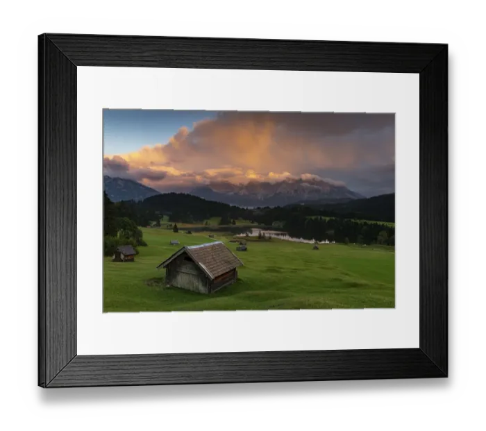 Framed Print : Small hut on mountain meadow with Geroldsee