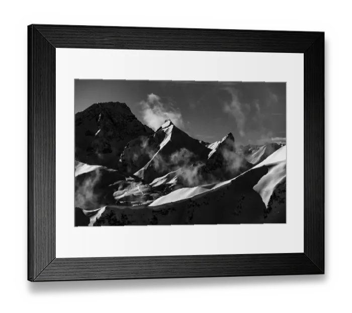 Framed Print : Winter Vorarlberg mountains, black and white