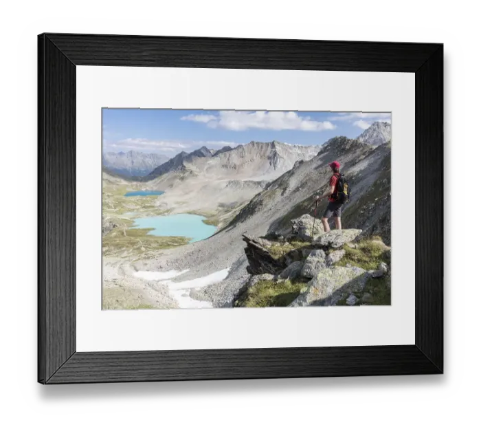 Framed Print : Hikers on the Joeriflueelafurgga with view of the Joerisee lakes