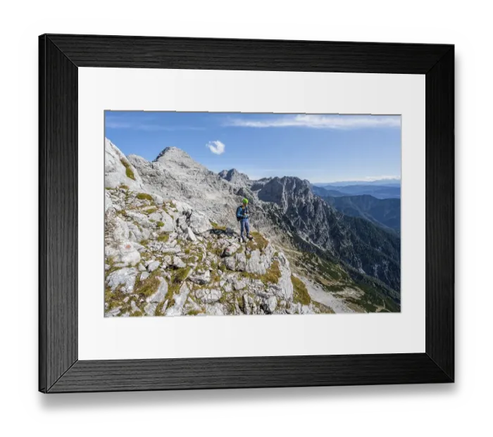 Framed Print : Hiker with climbing helmet, on hiking trail Framed Print : Hiker with climbing helmet, on hiking trail