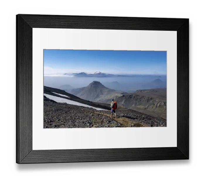 Framed Print : Hikers on hiking trail through volcanic landscape Framed Print : Hikers on hiking trail through volcanic landscape