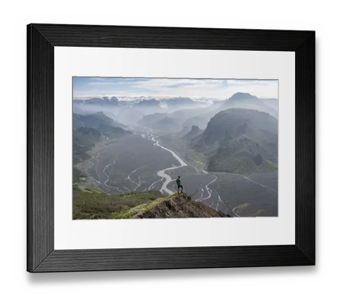 Framed Print : Hiker in front of mountain landscape