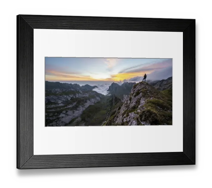 Framed Print : View over Saentis mountains into the valley of Meglisalp at sunrise Framed Print : View over Saentis mountains into the valley of Meglisalp at sunrise