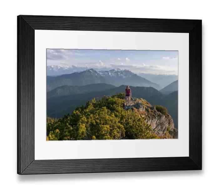 Framed Print : Hiker looks over mountain landscape Framed Print : Hiker looks over mountain landscape