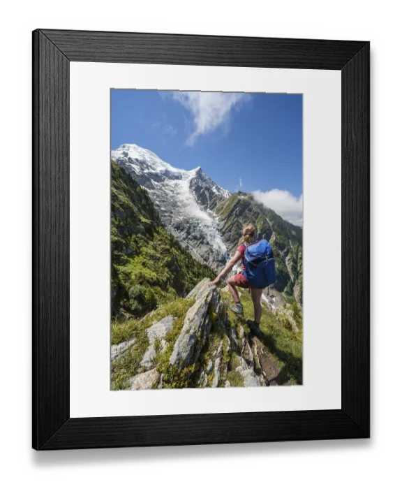 Framed Print : Hiker on hiking trail, mountain landscape