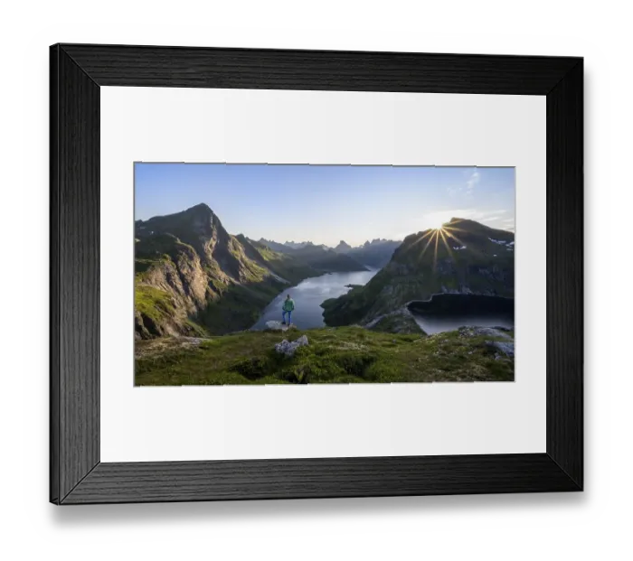 Framed Print : Young woman looking over fjord landscape Framed Print : Young woman looking over fjord landscape