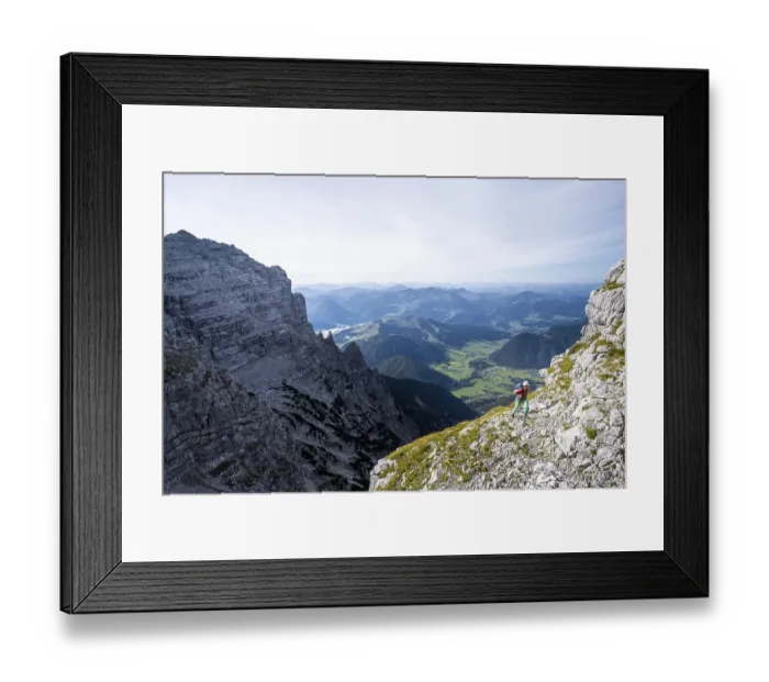 Framed Print : Hiker on a hiking trail, view over mountain landscape