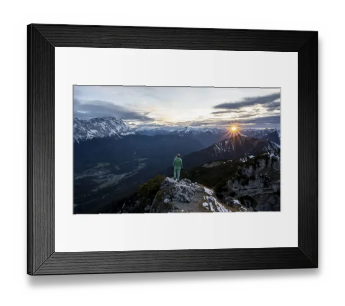 Framed Print : Hiker, sunset, Alpine panorama from the Kramerspitz