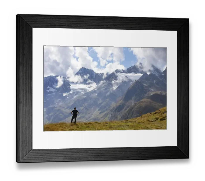 Framed Print : Hiker looking into the mountain massif of the Oetztal Alps in the rear Passeier Valley Framed Print : Hiker looking into the mountain massif of the Oetztal Alps in the rear Passeier Valley