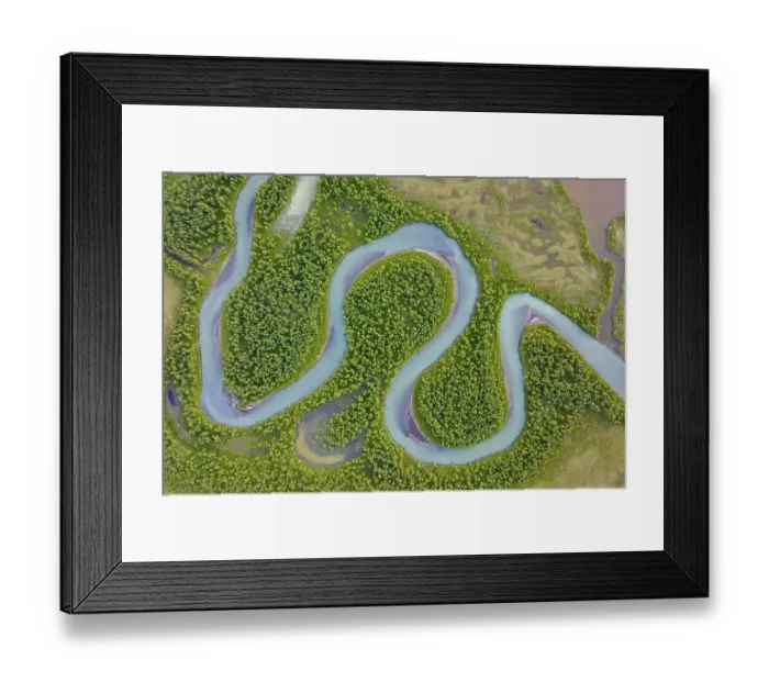 Framed Print : River landscape from the air, close-up