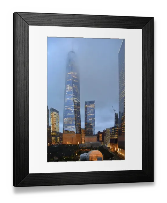 Framed Print : Skyscraper One World Trade Centre or Freedom Tower at the top shrouded in fog