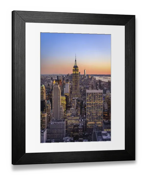 Framed Print : View of Midtown and Downtown Manhattan and Empire State Building from Top of the Rock Observation Center at sunset