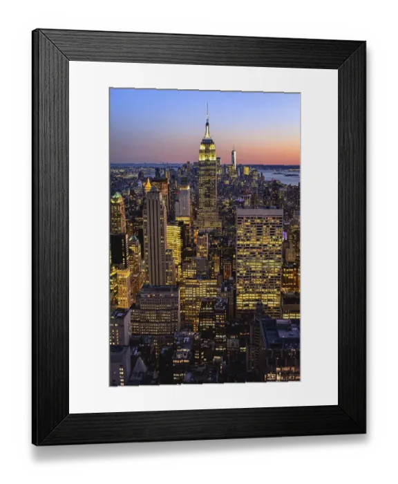 Framed Print : View of Midtown and Downtown Manhattan and Empire State Building from Top of the Rock Observation Center at Sunset