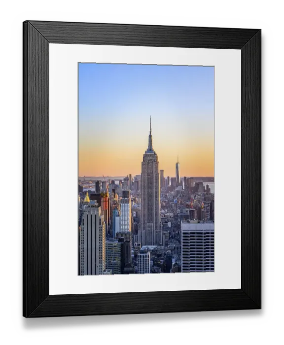 Framed Print : View of Midtown and Downtown Manhattan and Empire State Building from Top of the Rock Observation Center at sunset