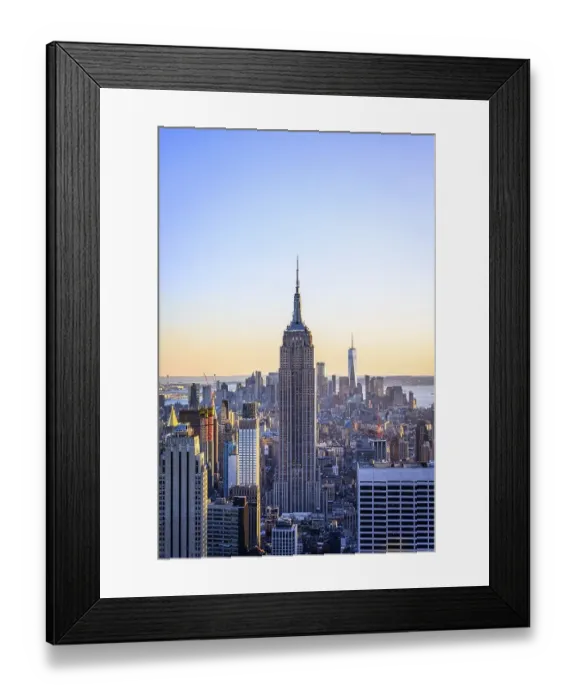Framed Print : View of Midtown and Downtown Manhattan and Empire State Building from Top of the Rock Observation Center at sunset
