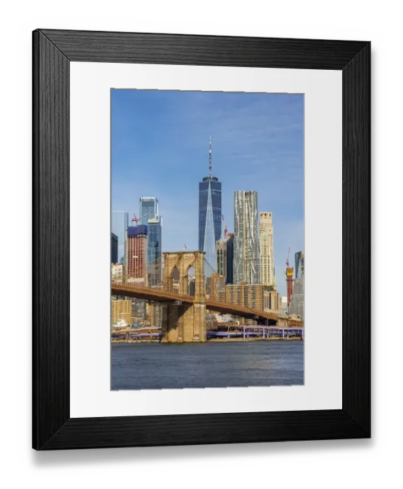 Framed Print : View from Main Street Park over the East River to the skyline of Lower Manhattan with Brooklyn Bridge