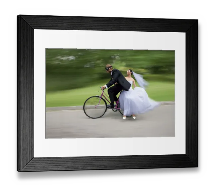 Framed Print : Bride and groom, bridal couple riding a bicycle