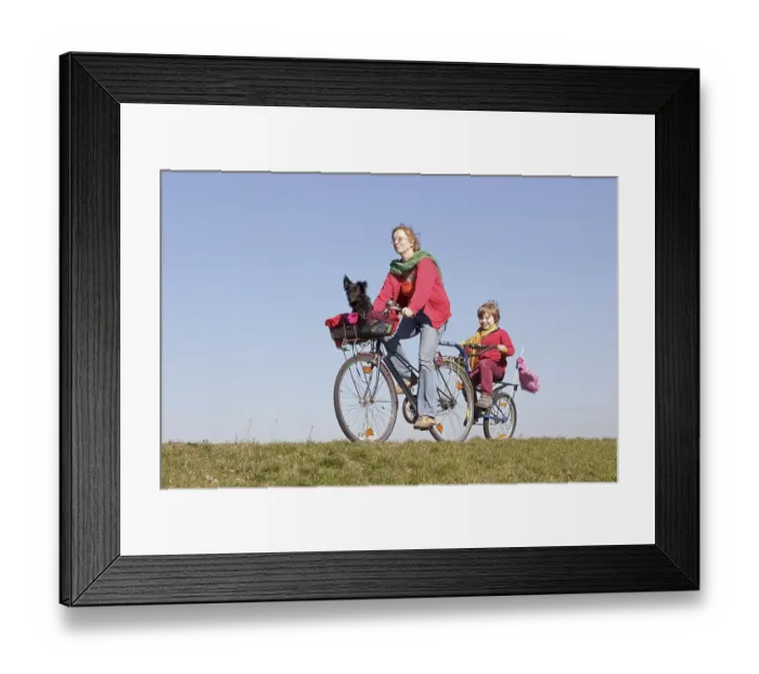 Framed Print : Mother, son and a dog on a bicycle tour