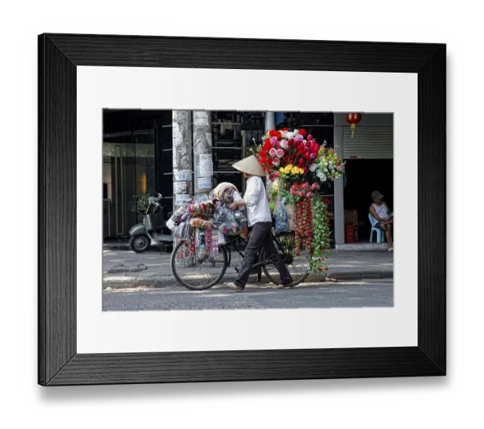 Framed Print : A street vendor with a bicycle selling her flowers in Hanoi Framed Print : A street vendor with a bicycle selling her flowers in Hanoi