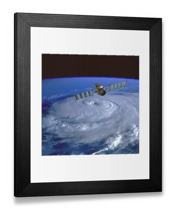 Framed Print : Weather monitoring satellite orbiting over a hurricane Framed Print : Weather monitoring satellite orbiting over a hurricane