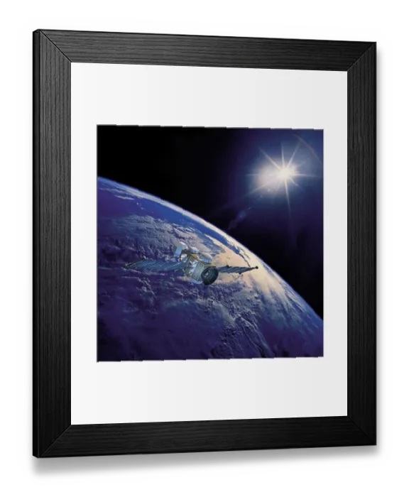 Framed Print : Geostationary orbit satellite above the Earth pointed toward the rising sun Framed Print : Geostationary orbit satellite above the Earth pointed toward the rising sun