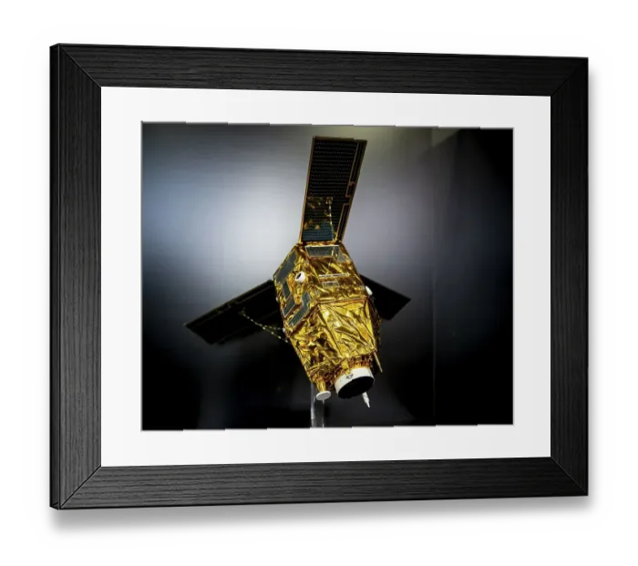 Framed Print : Model of a satellite with solar panel and golden heat protection foil