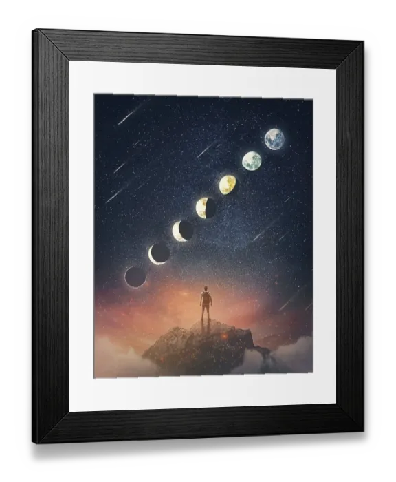 Framed Print : Wonderful scene with a person on the top of a mountain watching the moon phases on the starry night sky Framed Print : Wonderful scene with a person on the top of a mountain watching the moon phases on the starry night sky