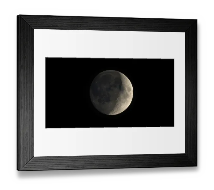 Framed Print : Waxing crescent moon seen with telescope