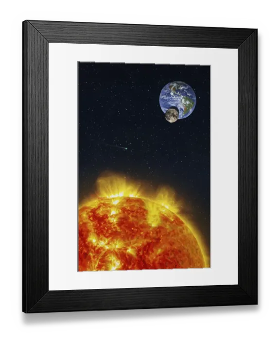 Framed Print : Fantasy composition of a solar eclipse seen from the Sun with the Moon projecting its shadow on the planet Earth Framed Print : Fantasy composition of a solar eclipse seen from the Sun with the Moon projecting its shadow on the planet Earth