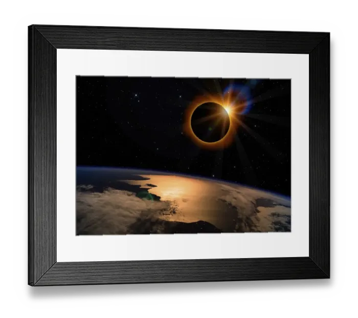 Framed Print : Solar eclipse with orange halo over the planet Earth Framed Print : Solar eclipse with orange halo over the planet Earth