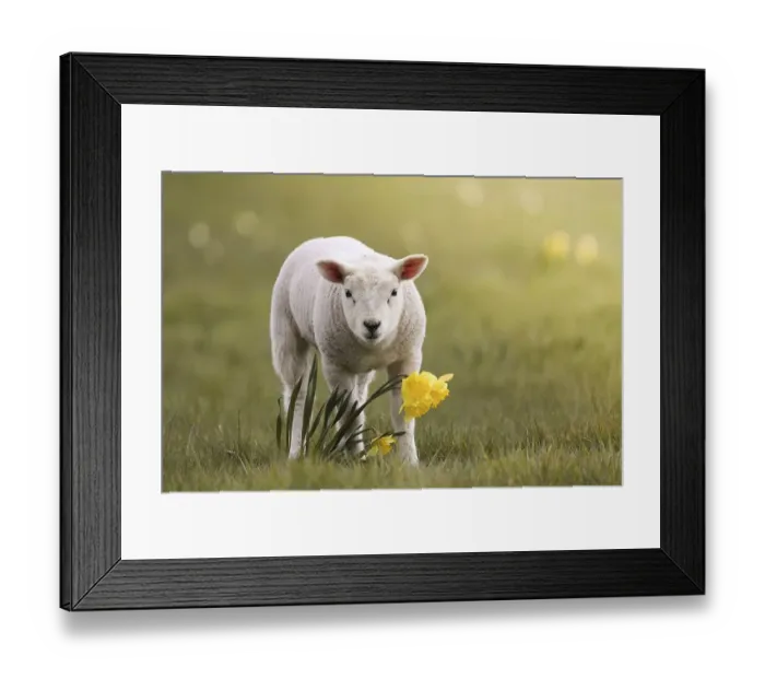 Framed Print : Domestic sheep, lamb and yellow daffodils on the meadow Framed Print : Domestic sheep, lamb and yellow daffodils on the meadow