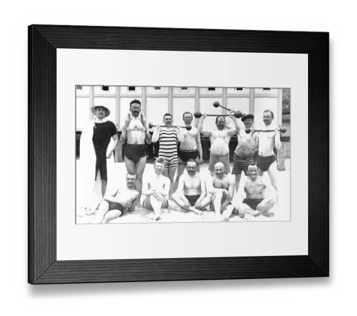 Framed Print : Men's group on the beach with weights Framed Print : Men's group on the beach with weights