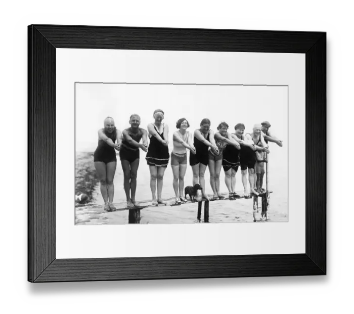 Framed Print : Swimwear, holidays, nine men and women and a dachshund posing on a jetty