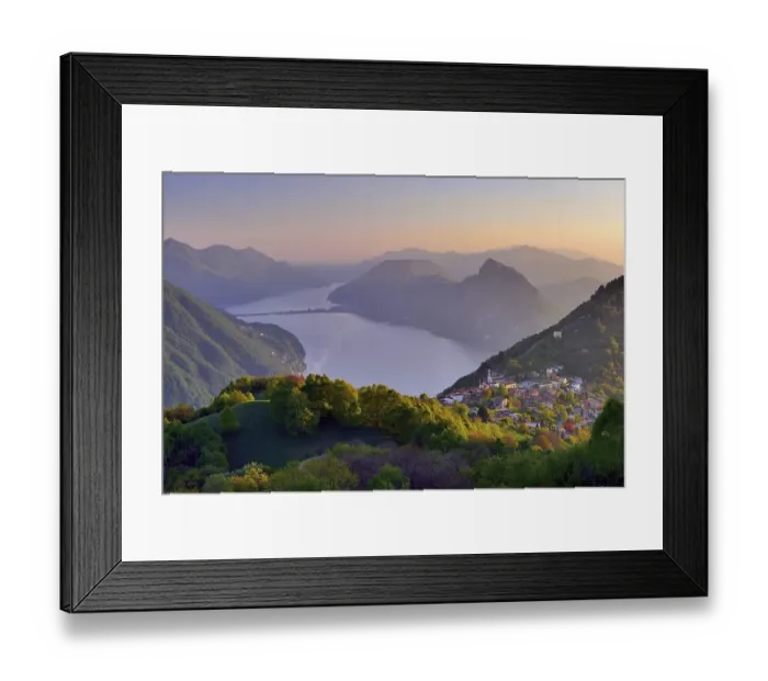 Framed Print : Sunset, village Bre sopra Lugano with lake Lugano Framed Print : Sunset, village Bre sopra Lugano with lake Lugano