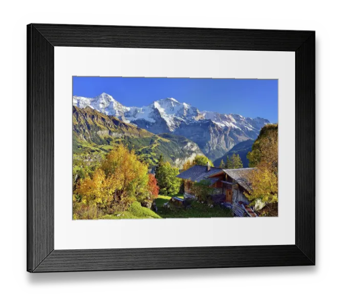 Framed Print : Alpine hut with autumn-coloured deciduous trees