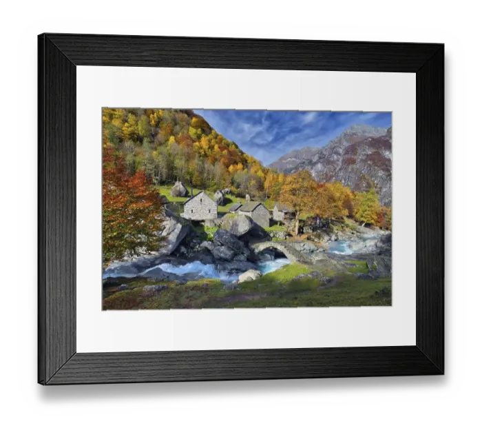 Framed Print : Ticino stone houses, Puntid, stream Calnegia Framed Print : Ticino stone houses, Puntid, stream Calnegia