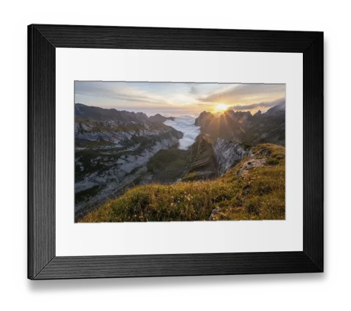 Framed Print : View over Saentis mountains into the valley of Meglisalp at sunrise Framed Print : View over Saentis mountains into the valley of Meglisalp at sunrise
