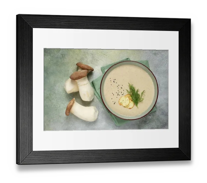 Framed Print : Mushroom cream soup, with dill and bruschetta Framed Print : Mushroom cream soup, with dill and bruschetta