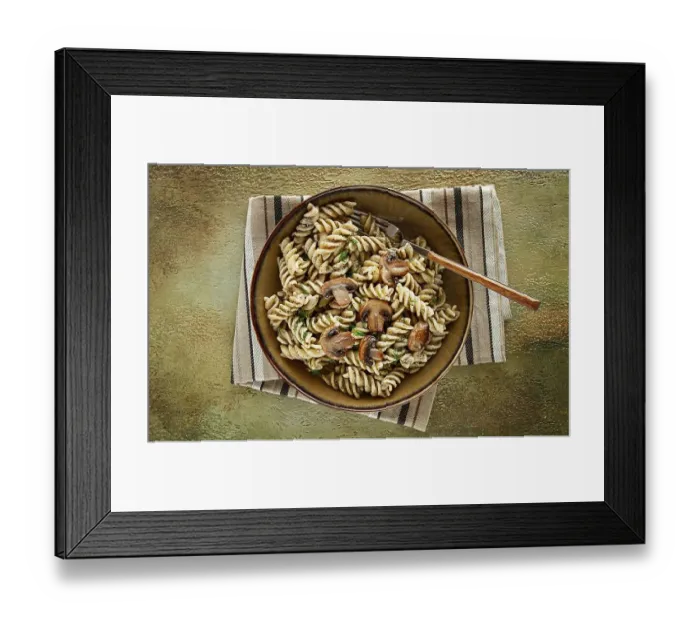 Framed Print : Fusilli pasta, in creamy mushroom sauce Framed Print : Fusilli pasta, in creamy mushroom sauce