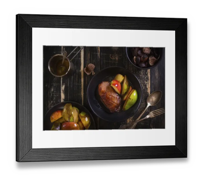 Framed Print : Roasted duck breast with golden crispy skin served with baked apples and chestnuts