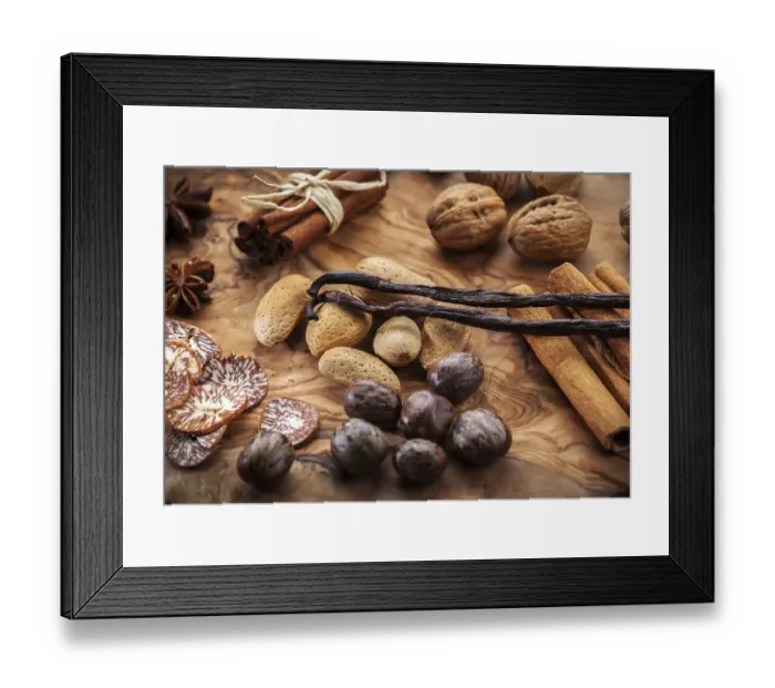 Framed Print : Assortment of spices and nuts for Christmas for baking cookies Framed Print : Assortment of spices and nuts for Christmas for baking cookies