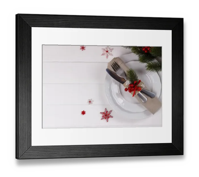 Framed Print : Christmas table setting on white wooden table