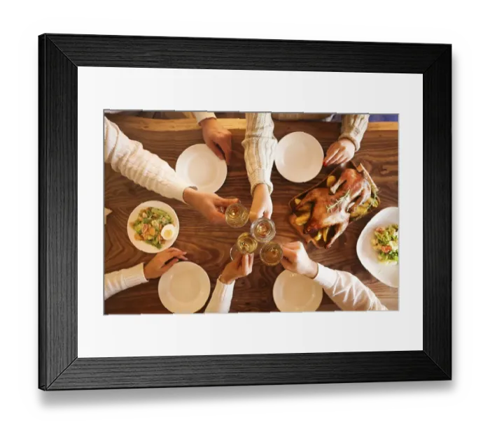 Framed Print : Christmas dinner with roast duck and champagne on wooden table Framed Print : Christmas dinner with roast duck and champagne on wooden table
