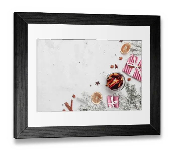 Framed Print : Christmas flat lay top view on white gray concrete background table with glass cup or mug of Mulled Wine Framed Print : Christmas flat lay top view on white gray concrete background table with glass cup or mug of Mulled Wine