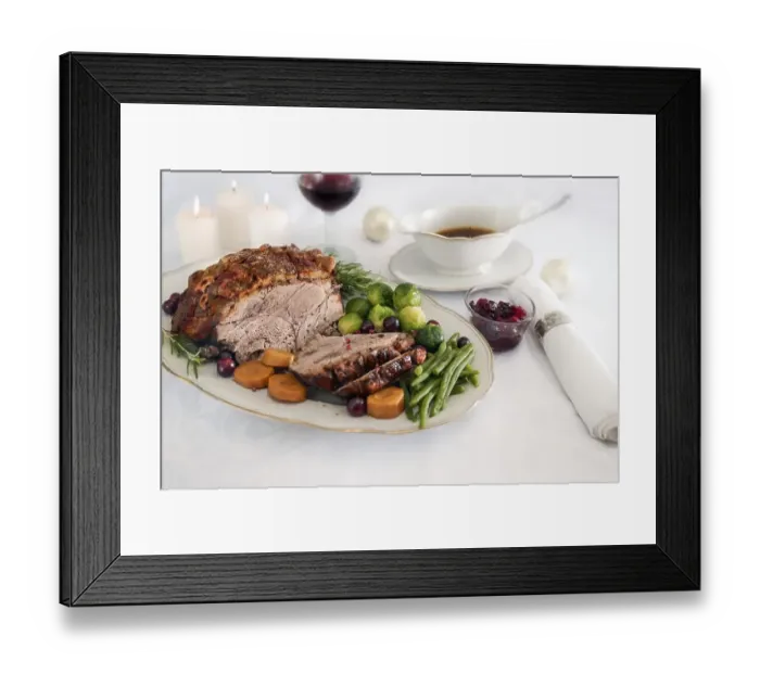Framed Print : Roast pork ham with crust, green beans Framed Print : Roast pork ham with crust, green beans