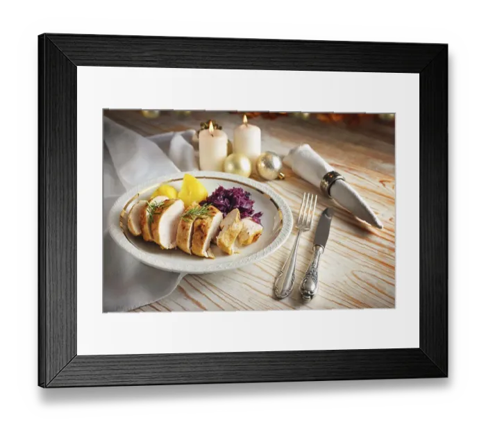 Framed Print : Roast chicken breast with red cabbage and potatoes on a white plate Framed Print : Roast chicken breast with red cabbage and potatoes on a white plate